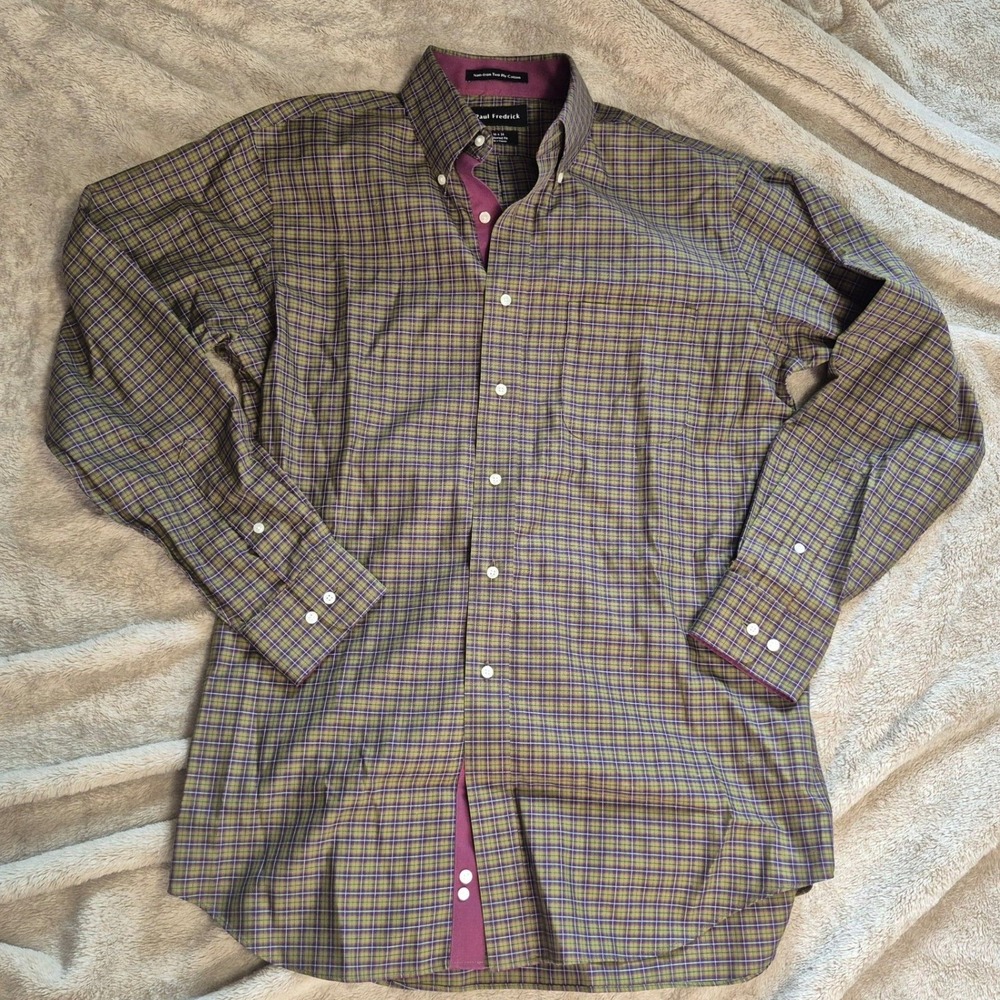 Paul Fredrick Tailored Fit Plaid Dress Shirt Mens 16 x 34 Green Purple